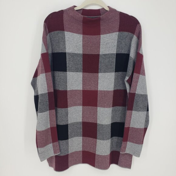 Tahari Buffalo Plaid Mock Neck Tunic Sweater L Womens Maroon Red Gray - Picture 1 of 7
